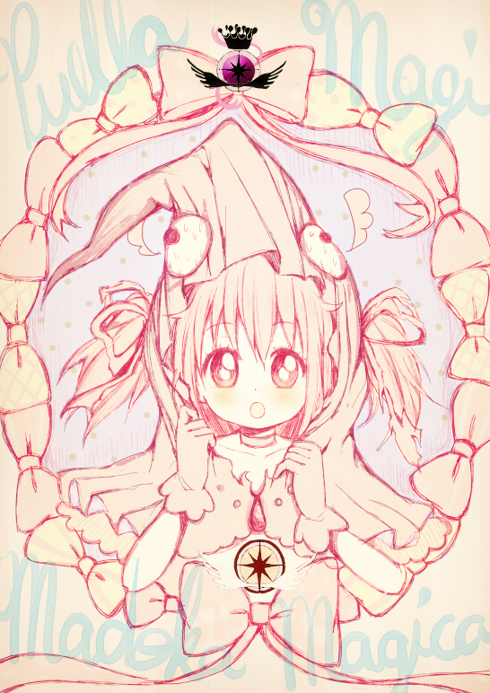 1girl, cleavage_cutout, dress, gloves, goddess_madoka, hair_ribbon, hat, kaname_madoka
