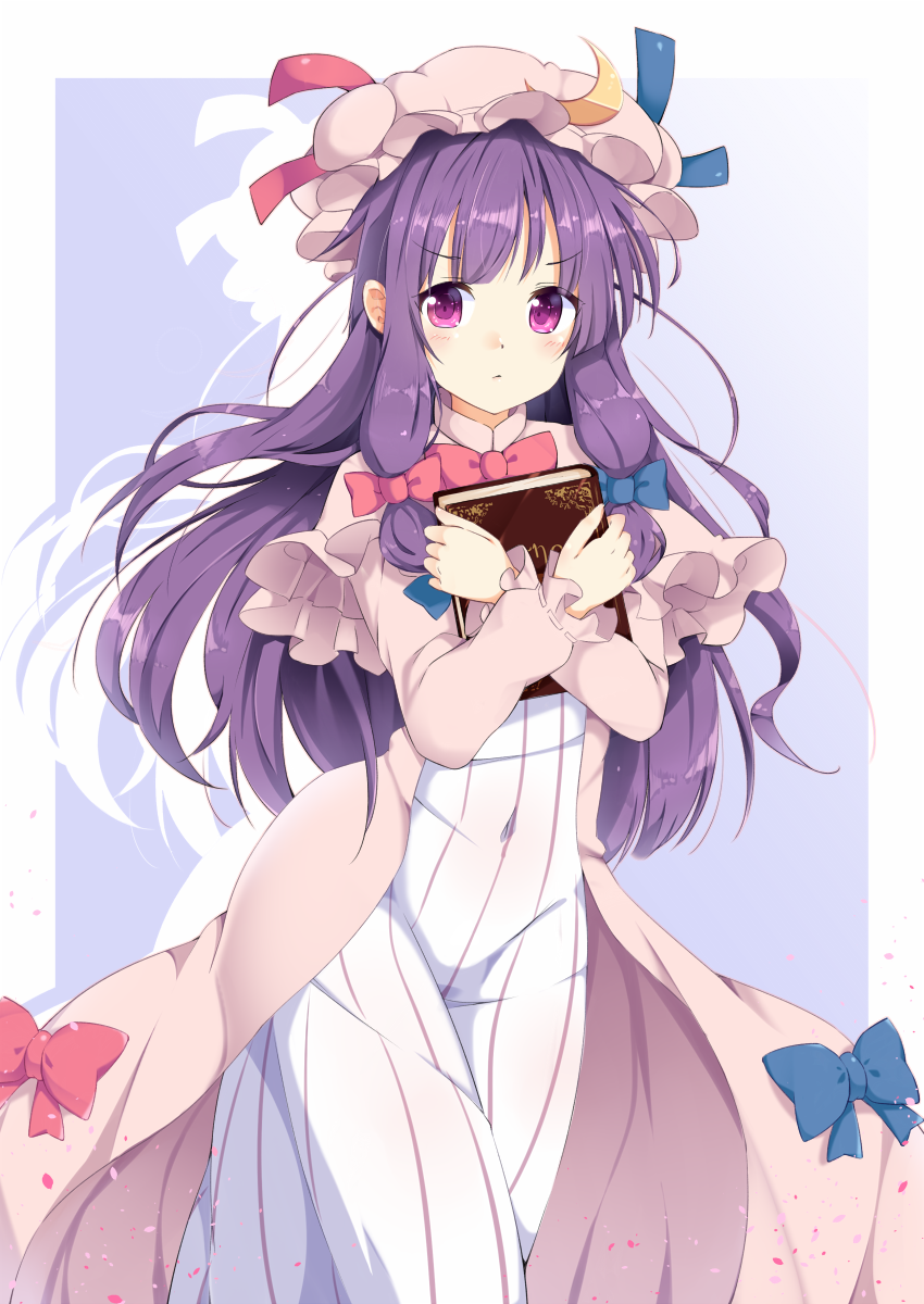 1girl, book, book_hug, boushi_(nandemo), capelet, coat, crescent_hair_ornament, dress, hair_ornament, hair_ribbon, highres, holding, holding_book, long_hair, long_sleeves, looking_at_viewer, mob_cap, open_clothes, open_coat, patchouli_knowledge, purple_hair, ribbon, solo, striped, striped_dress, touhou, tress_ribbon, very_long_hair, violet_eyes, white_dress