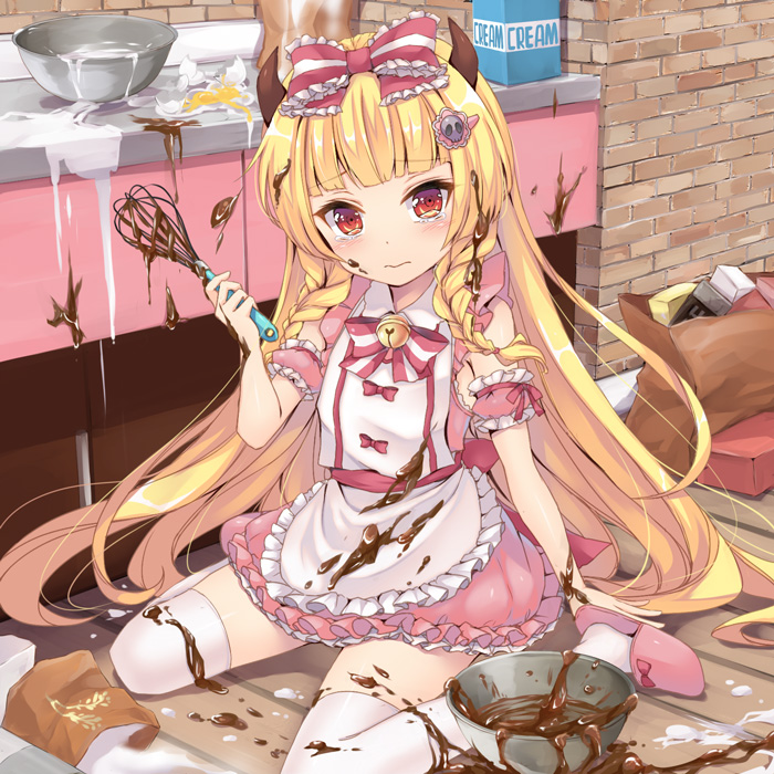 1girl, apron, arm_strap, bag, bell, blonde_hair, blush, bow