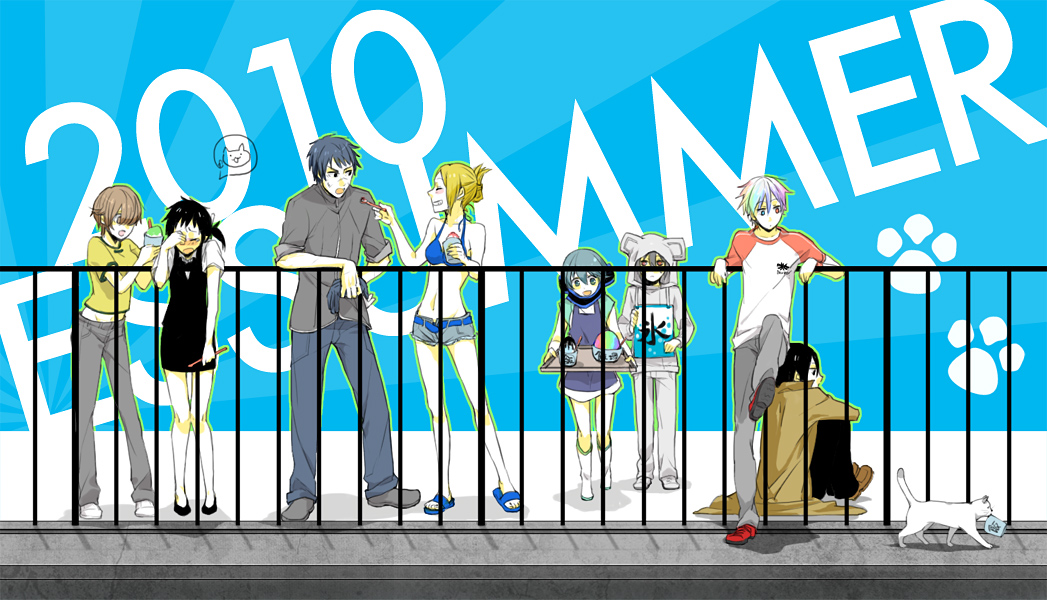 4boys, 4girls, animal_hood, black_hair, blonde_hair, blue_hair, brown_hair, coat