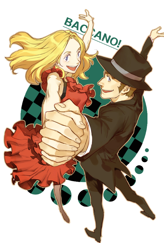 1boy, 1girl, baccano!, blonde_hair, blue_eyes, brown_hair, chiyo_(qiandai), copyright_name, dancing, dress, formal, hat, isaac_dian, long_hair, miria_harvent, short_hair, smile, suit