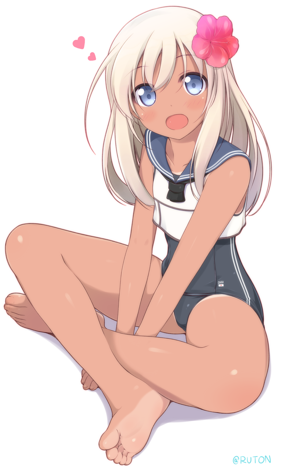 1girl, bare_legs, bare_shoulders, barefoot, blonde_hair, blue_eyes, crop_top, flower, hair_flower, hair_ornament, heart, hibiscus, highres, indian_style, kantai_collection, long_hair, looking_at_viewer, naturalton, neckerchief, open_mouth, ro-500_(kantai_collection), sailor_collar, school_swimsuit, simple_background, sitting, solo, swimsuit, swimsuit_under_clothes, tan, tanline, twitter_username, u-511_(kantai_collection), white_background