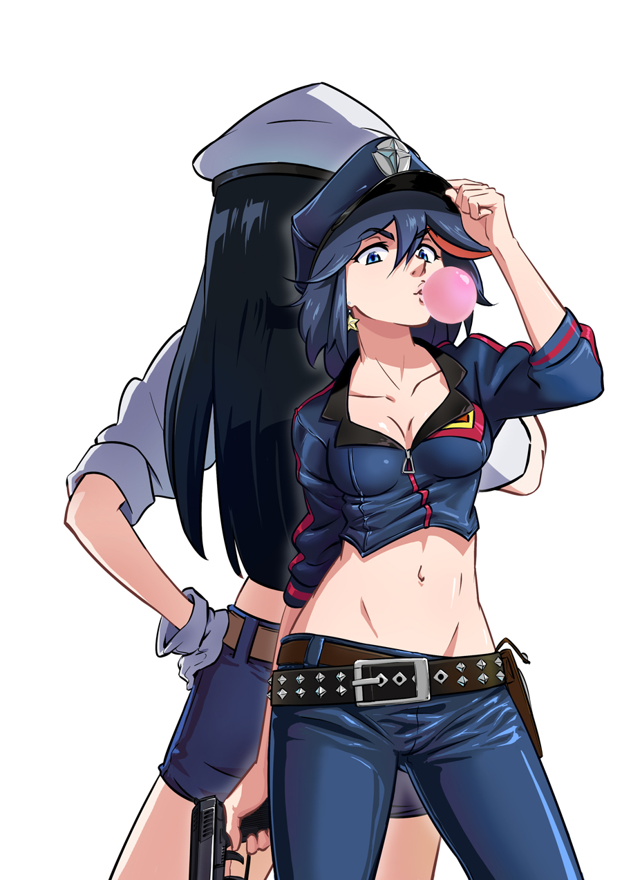 2girls, belt, bubble_blowing, hat, highres, kill_la_kill, kiryuuin_satsuki, matoi_ryuuko