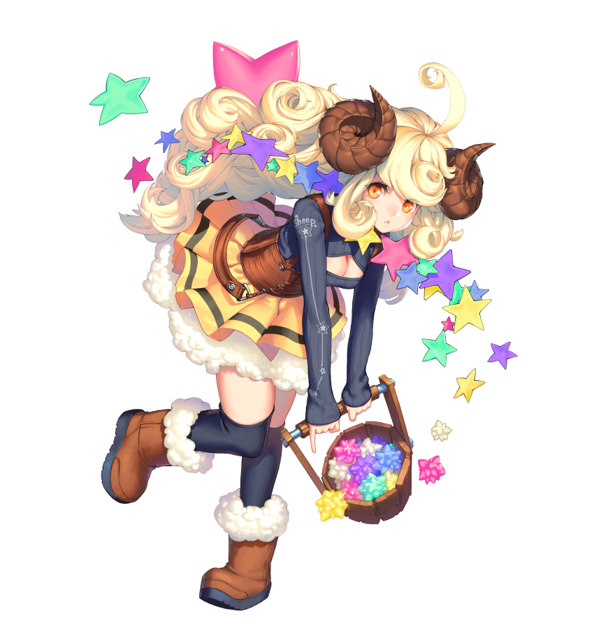 1girl, absurdres, blonde_hair, botro, bucket, highres, horns, monster_girl