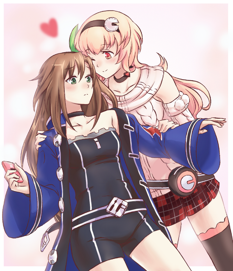 2girls, belt, blonde_hair, blush, brown_hair, cellphone, choker, choujigen_game_neptune