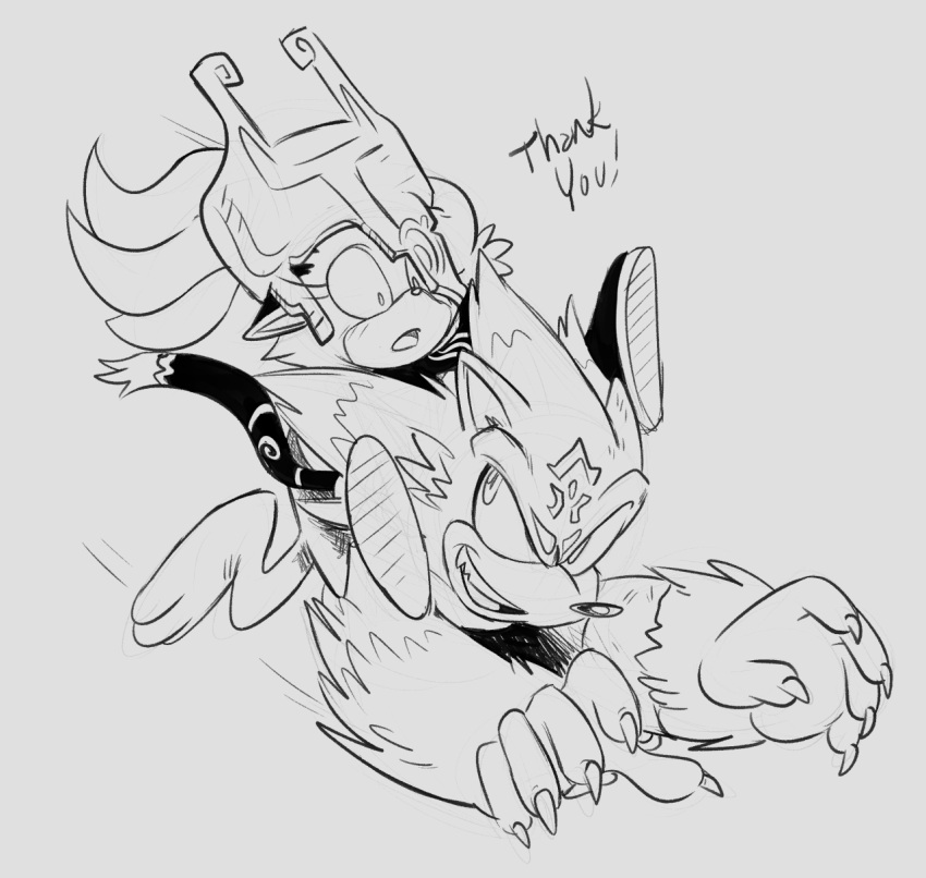 1boy, 1girl, animal_ears, barefoot, blaze_the_cat, body_markings, claws, cosplay, crossover, english, english_text, fangs, fluffy, fur, fusion, highres, light_blush, link_(wolf), midna, midna_(cosplay), monochrome, nintendo, riding, running, sega, sharp_teeth, sketch, sonic, sonic_(series), sonic_the_hedgehog, sonic_the_werehog, sonic_unleashed, text, the_legend_of_zelda, the_legend_of_zelda:_twilight_princess, twilight_princess, werewolf
