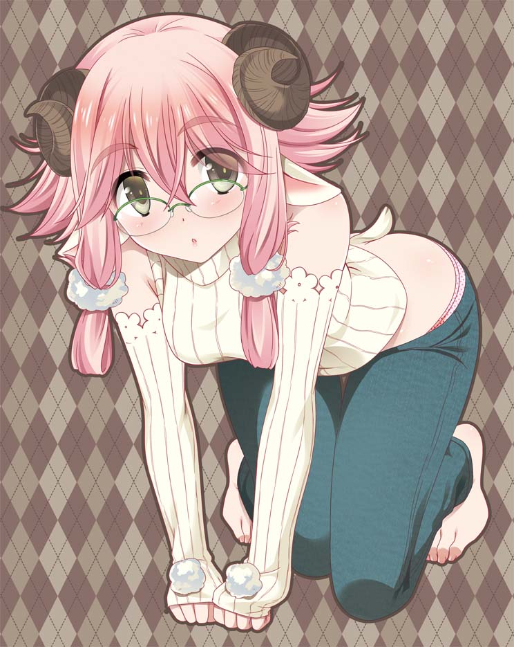 1girl, :o, all_fours, animal_ears, argyle, argyle_background, barefoot, blush