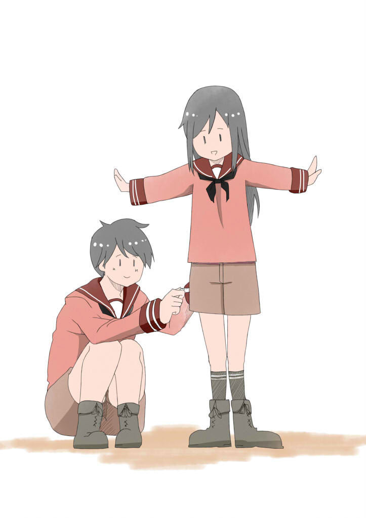 2girls, :>, asashio_(kantai_collection), black_hair, boots, kantai_collection, kneehighs, kozy