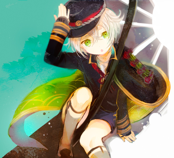 1boy, :o, cape, green_eyes, hat, hotarumaru, looking_at_viewer, male_focus