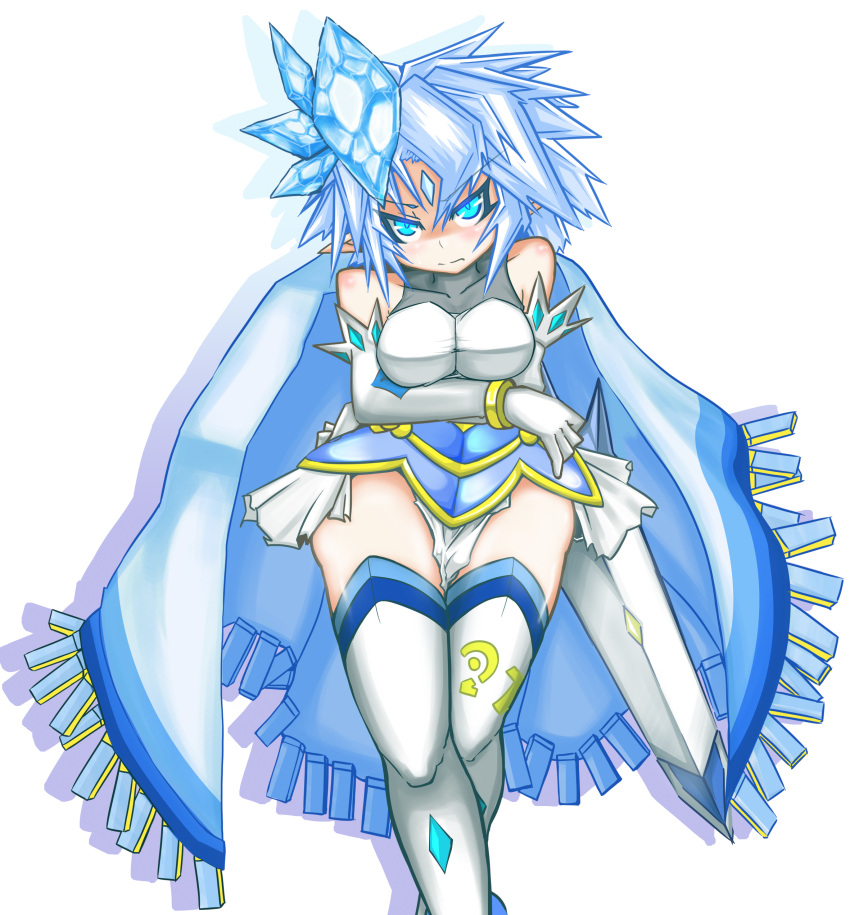 1girl, absurdres, blue_eyes, blue_hair, boots, breasts, duel_monster, elf