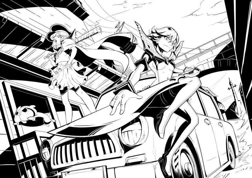 2girls, banchou, baseball_bat, breasts, car, dog, dutch_angle, guts_(kill_la_kill)