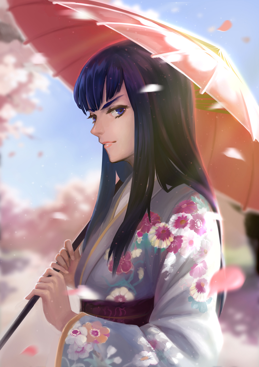 1girl, black_hair, blue_eyes, highres, japanese_clothes, kill_la_kill, kimono, kiryuuin_satsuki, konoy, long_hair, oriental_umbrella, petals, solo, umbrella