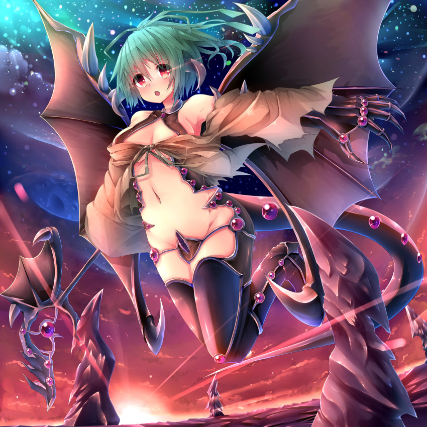 absurdres, alternate_costume, bare_shoulders, detached_sleeves, dragon_girl, dragon_tail, dragon_wings, duel_monster, fang, gandora_the_dragon_of_destruction, green_hair, highres, looking_at_viewer, midriff, navel, red_eyes, silyouta1120, sky, staff, star_(sky), starry_sky, sunrise, tail, torn_clothes, wings, wynn, yuu-gi-ou