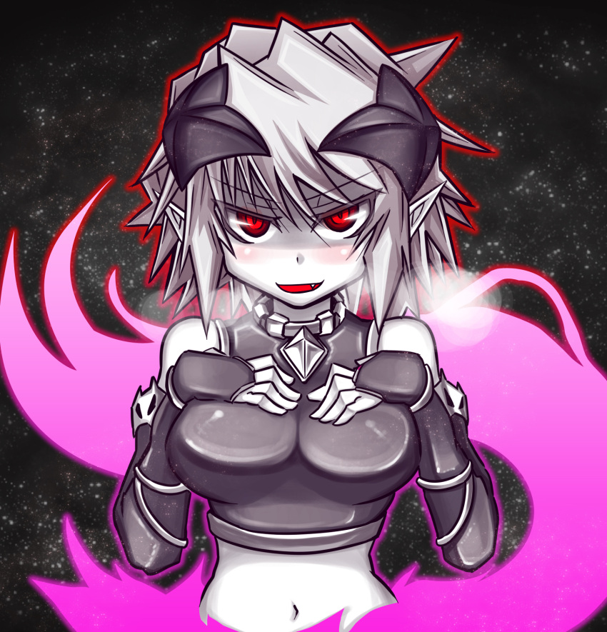 >:d, 1girl, :d, armor, breasts, female, gauntlets, grey_hair