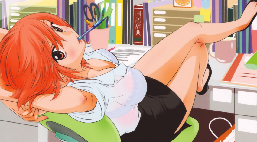 breasts, cleavage, houin_kyouko, kodomo_no_jikan, long_legs, miniskirt, redhead, sitting, thighs