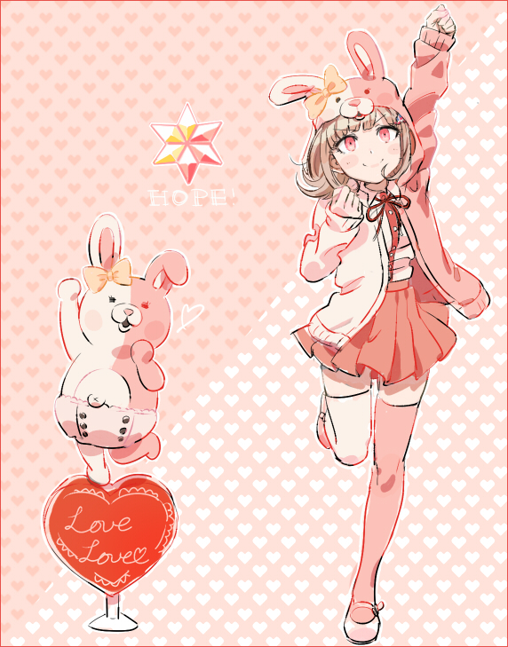 1girl, animal_hood, blush, bow, bunny_hood, dangan_ronpa, flipped_hair, hair_ornament