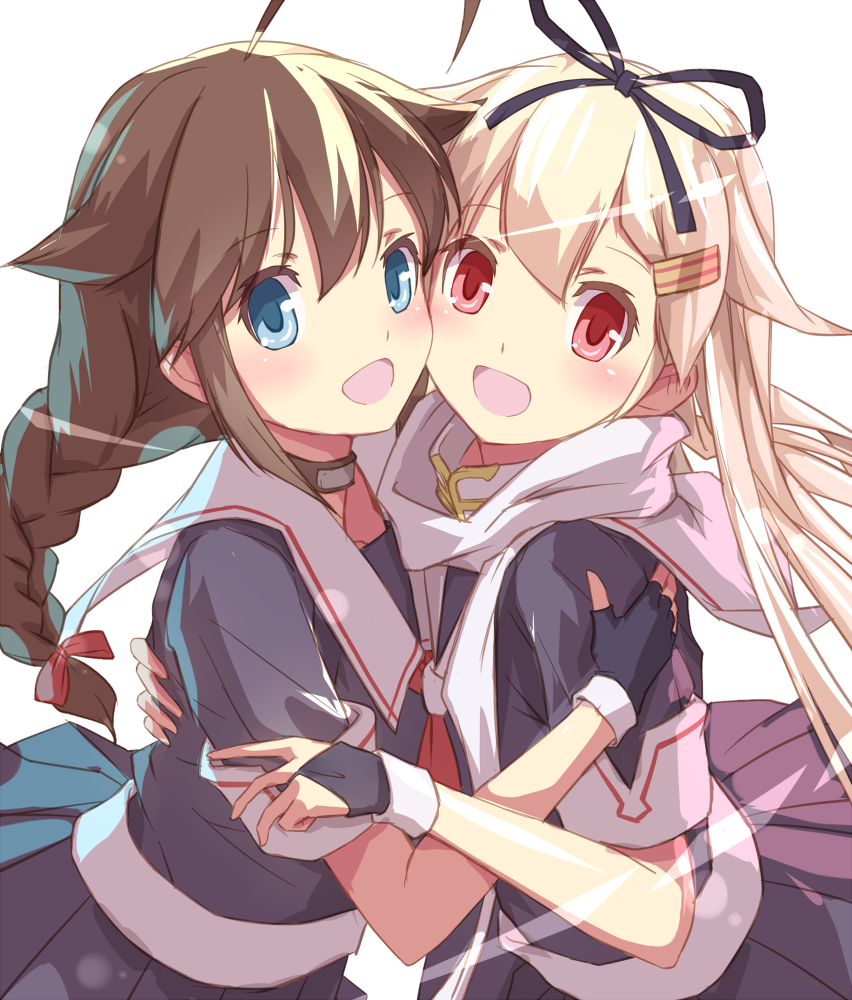 2girls, :d, ahoge, black_gloves, black_serafuku, black_skirt, blonde_hair, blue_eyes