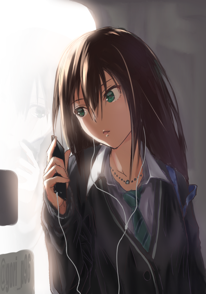 1girl, bangs, brown_hair, cardigan, cellphone, earphones, earphones, eye_reflection