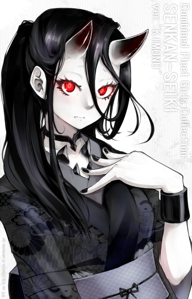 1girl, battleship-symbiotic_hime, black_hair, black_nails, bracer, character_name, choker, copyright_name