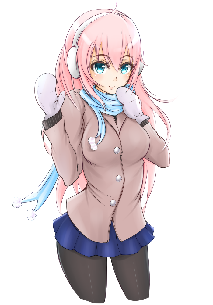 1girl, ahoge, bangs, black_legwear, blue_eyes, breasts, coat, earmuffs, geckolion, gloves, large_breasts, long_hair, long_sleeves, megurine_luka, pantyhose, pink_hair, pleated_skirt, scarf, simple_background, skirt, smile, solo, standing, vocaloid, white_background, winter_clothes