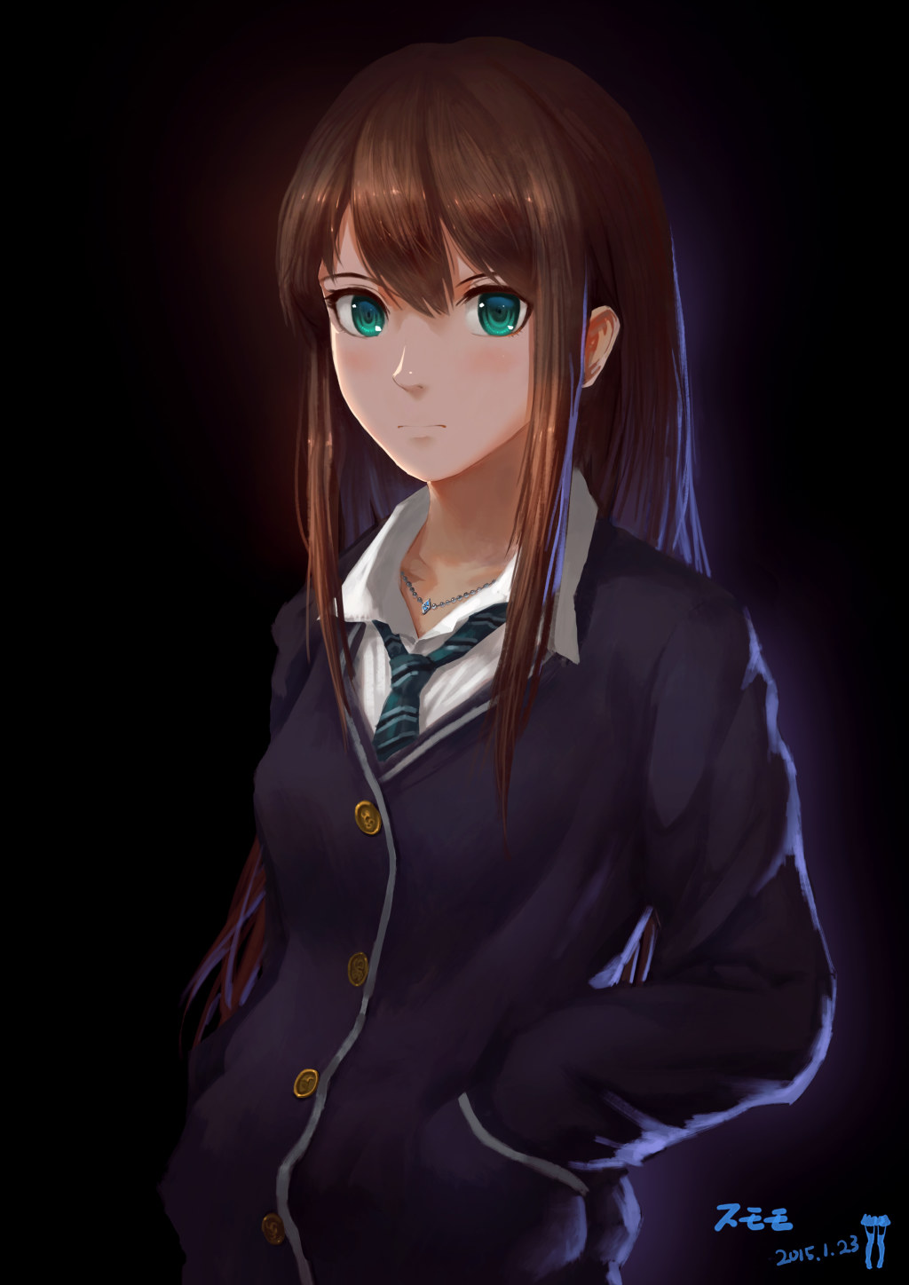 1girl, artist_name, bangs, black_background, blush, brown_hair, buttons, cardigan, dated, green_eyes, hands_in_pockets, highres, idolmaster, idolmaster_cinderella_girls, jewelry, long_hair, long_sleeves, looking_at_viewer, necklace, necktie, school_uniform, shibuya_rin, shirt, solo, standing, sumomo_(sunrainday), white_shirt