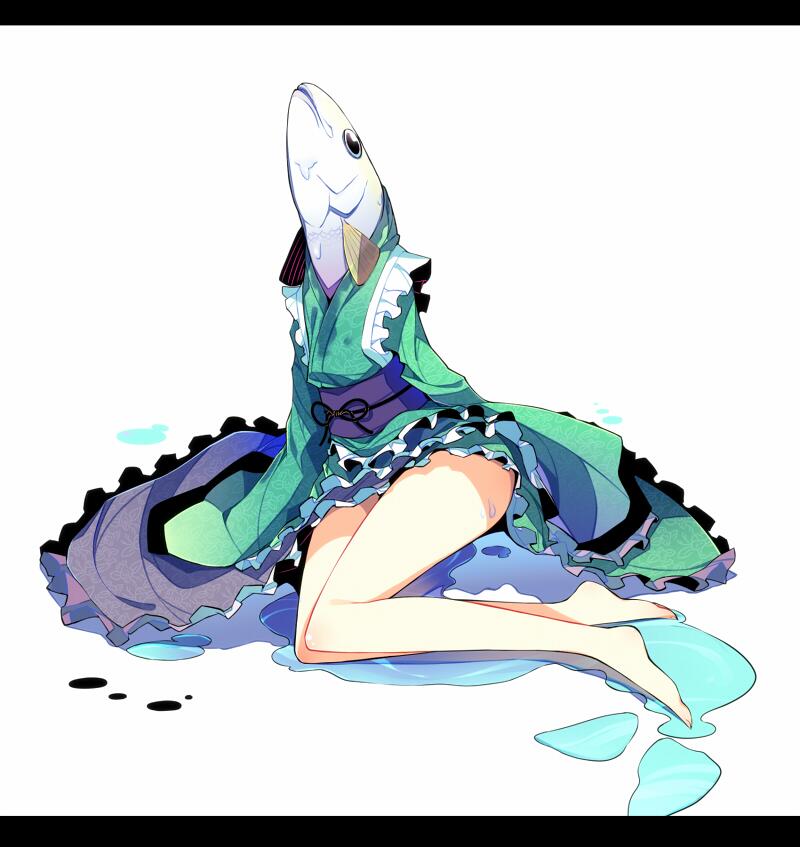 1girl, barefoot, fish_girl, head_fins, ichiyan, japanese_clothes, kimono, letterboxed, mermaid, monster_girl, obi, sash, solo, touhou, wakasagihime, wakasagihime_(fish), water