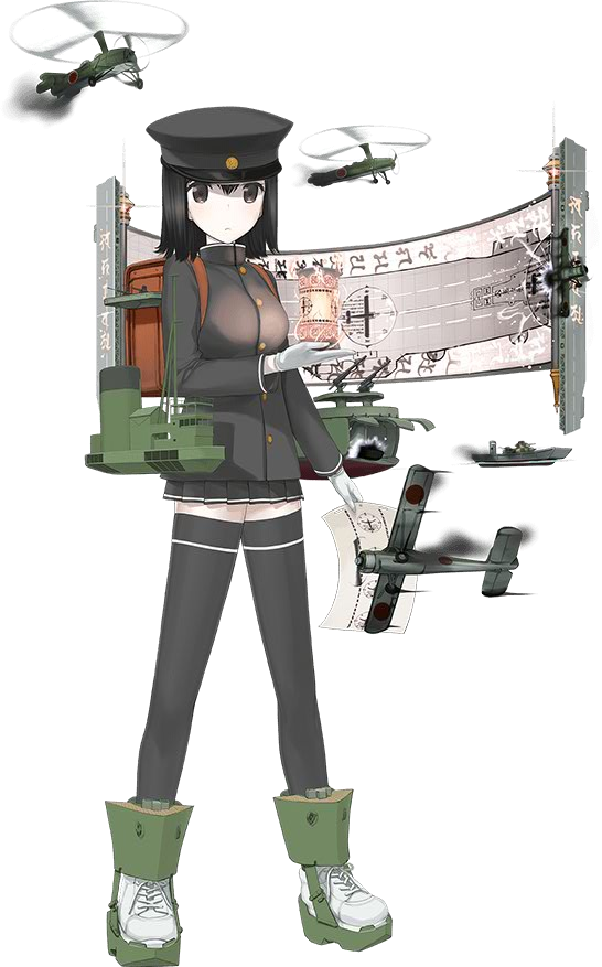 1girl, airplane, akitsu_maru_(kantai_collection), backpack, bag, black_eyes, black_hair, black_legwear