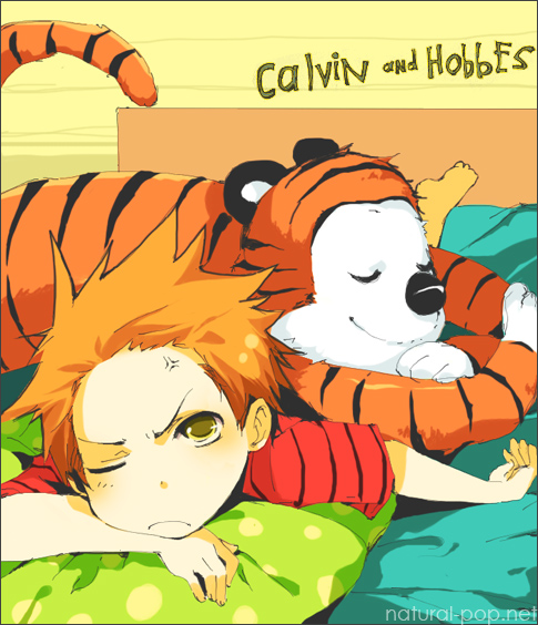 1boy, anger_vein, animal_ears, bed, blonde_hair, brown_eyes, calvin, calvin_&amp;_hobbes