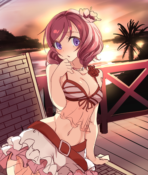 1girl, ajishio, belt, bikini, flower, hair_flower, hair_ornament, jewelry