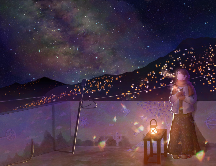 clarityblue, gloves, night, night_sky, original, scarf, scenery, sky