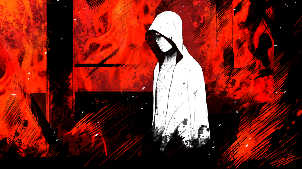1boy, fire, hiryuu, hood, jacket, open_clothes, open_jacket, ruvik