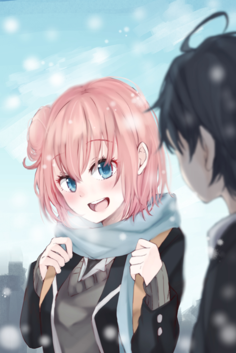 1boy, 1girl, :d, ahoge, black_hair, blazer, blue_eyes, hair_bun