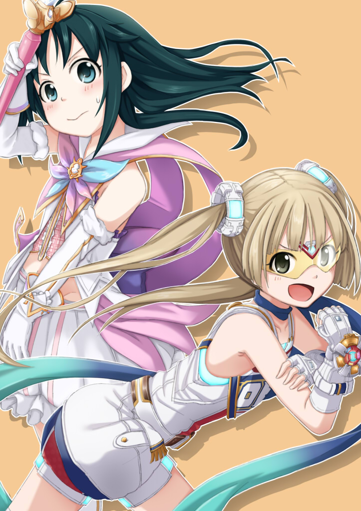 2girls, ayami_(ayanoayanosuke), black_hair, blue_eyes, brown_hair, cosplay, costume_switch, elbow_gloves