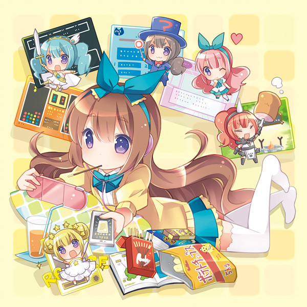 6+girls, :3, album_cover, armor, aruya_(flosrota), bangs, blunt_bangs, book