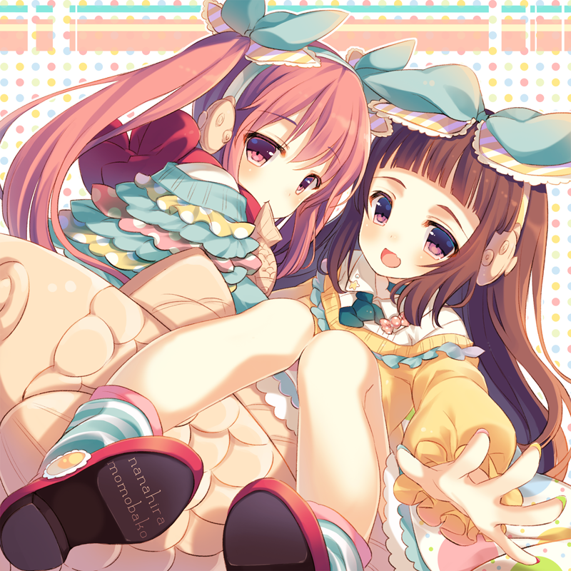 2girls, album_cover, bangs, blunt_bangs, bow, brown_hair, character_name, choker