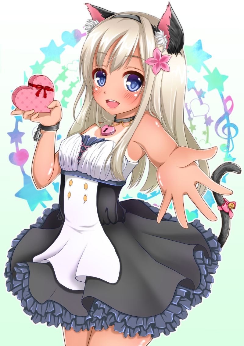 1girl, alternate_costume, animal_ears, blonde_hair, blue_eyes, cat_ears, dress, foreshortening, heart, kantai_collection, kojiro_d, long_hair, ro-500_(kantai_collection), tail, tan, tanline, u-511_(kantai_collection)