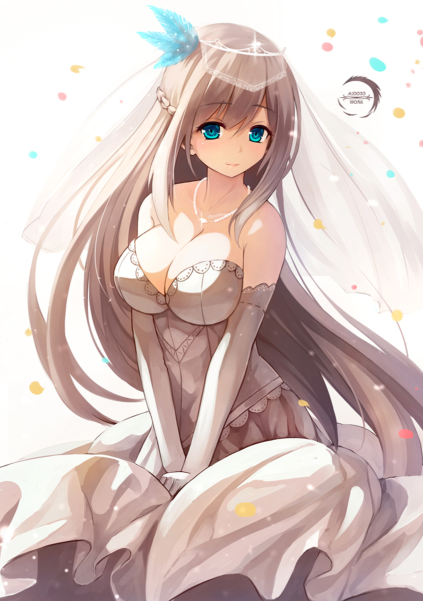 1girl, blue_eyes, bridal_veil, bride, highres, lexington_(warship_girls_r), light_brown_hair, personification