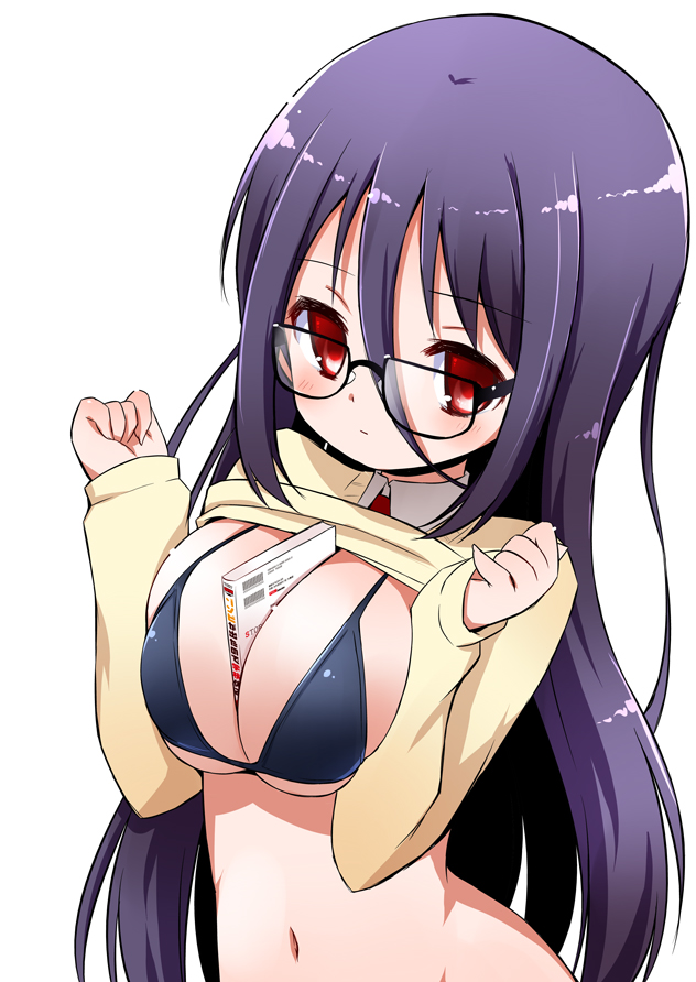 1girl, between_breasts, bikini_top, black_hair, book, breasts, glasses, large_breasts