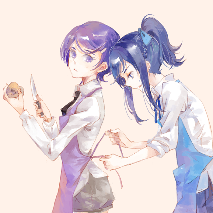 2girls, apron, areazero, blue_eyes, blue_hair, bow, dokidoki!_precure, hair_bow