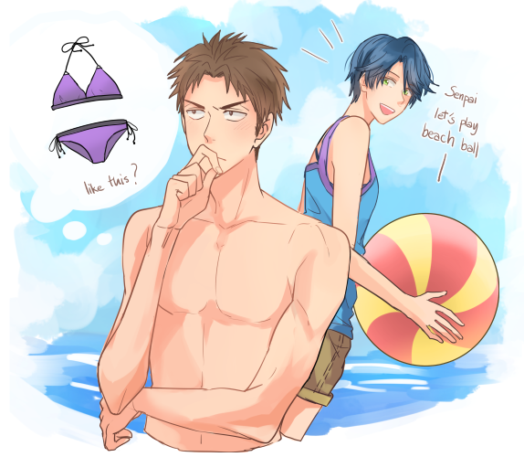 1boy, 1girl, ball, beach, beachball, bikini, blue_hair, brown_eyes