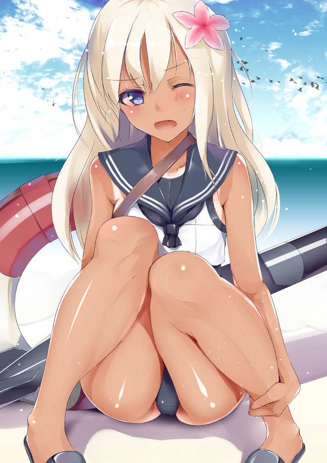 1girl, beack, blonde_hair, blue_eyes, blue_sky, blush, crop_top, flower