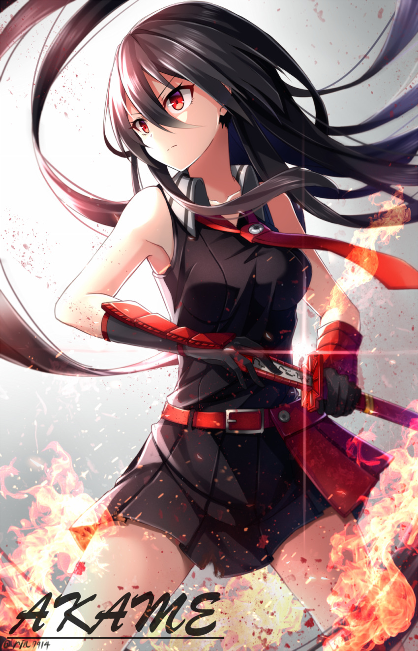 1girl, akame, akame_ga_kill!, bare_arms, belt, black_hair, breasts, character_name