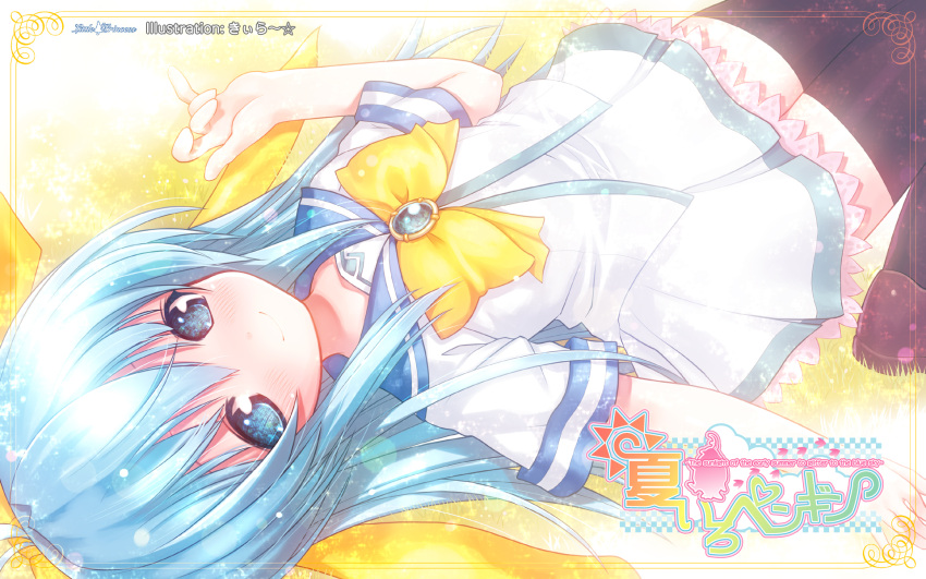 blue_hair, bow, highres, kiira, korone, korone_(natsuiro_penguin), long_hair, lying