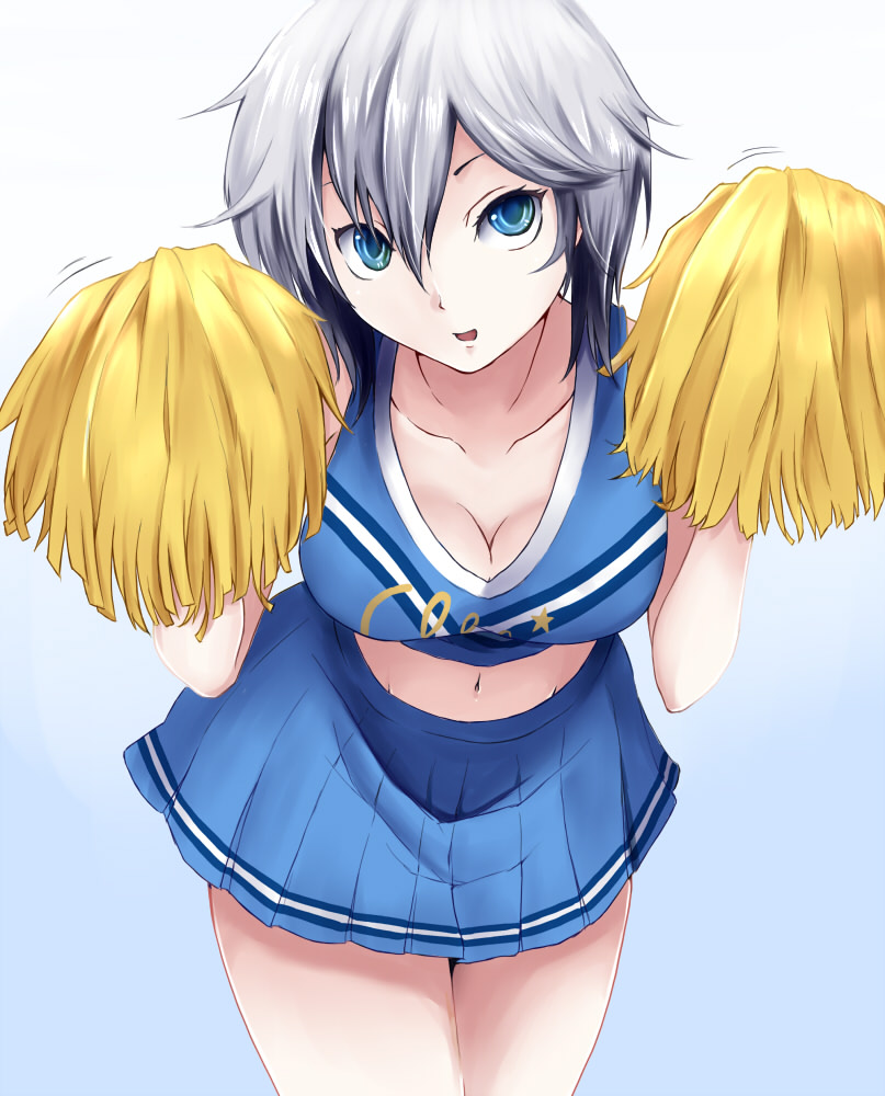 1girl, anastasia_(idolmaster), blue_eyes, cheerleader, hiba_(p-p-purin), idolmaster, idolmaster_cinderella_girls, midriff