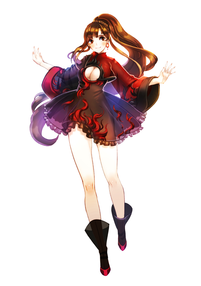 1girl, bangs, blunt_bangs, blush, breasts, brown_hair, cleavage, cleavage_cutout