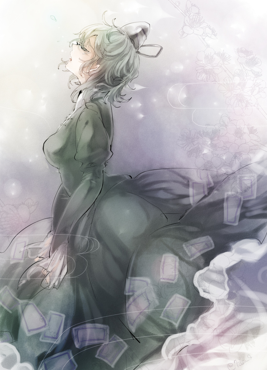 1girl, closed_eyes, dress, flower, green_dress, green_eyes, green_hair, hat