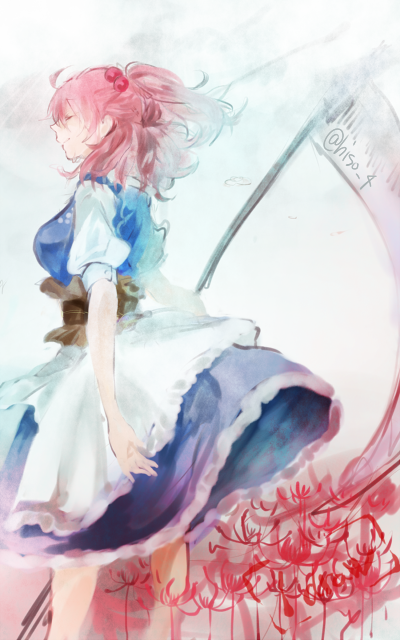 1girl, closed_eyes, flower, hair_bobbles, hair_ornament, hiso_(inoino_4), onozuka_komachi, red_eyes