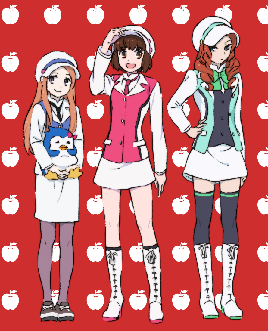 3girls, :d, adjusting_clothes, adjusting_hat, apple, bird, black_legwear, blue_eyes