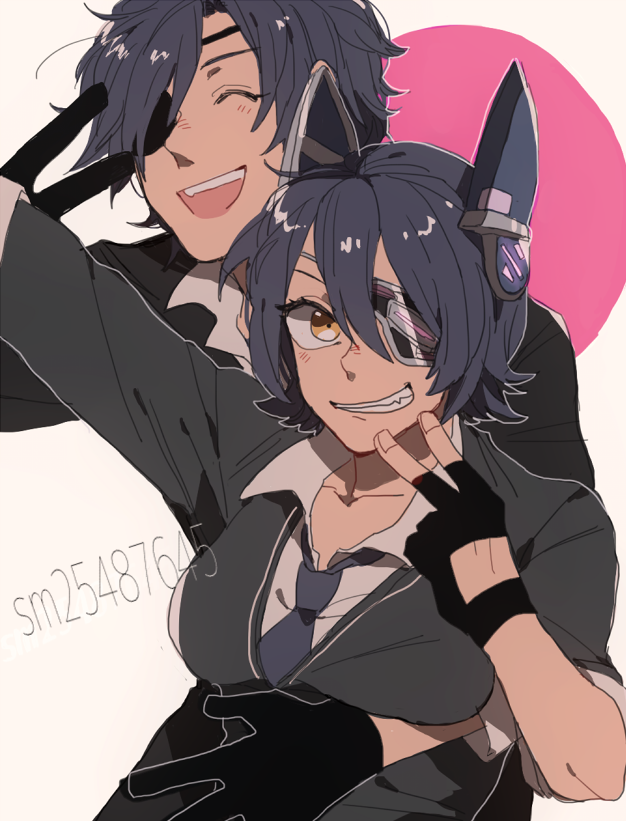 1boy, 1girl, black_hair, cardigan, crossover, eyepatch, grin, headgear, kantai_collection, michi_(artist), necktie, purple_hair, shokudaikiri_mitsutada, smile, tenryuu_(kantai_collection), touken_ranbu, trait_connection, uniform, v, yellow_eyes