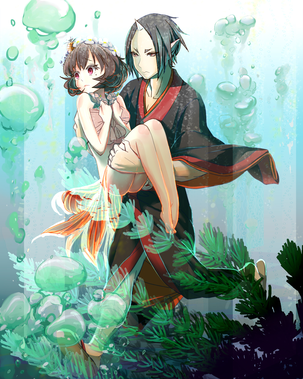 1boy, 1girl, black_hair, carrying, eyeshadow, highres, hoozuki_(hoozuki_no_reitetsu), hoozuki_no_reitetsu